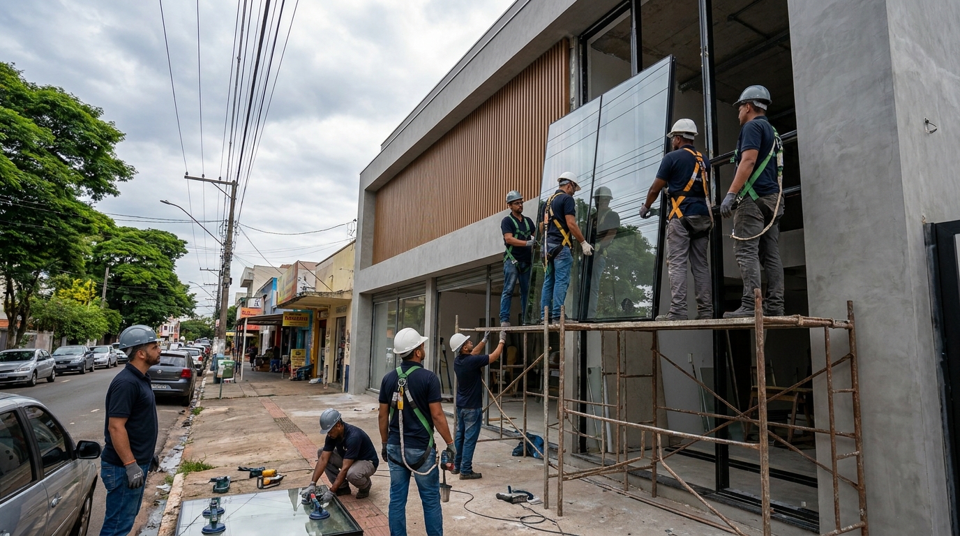 Fachada de vidro com andaime lateral em Rio Branco-AC
