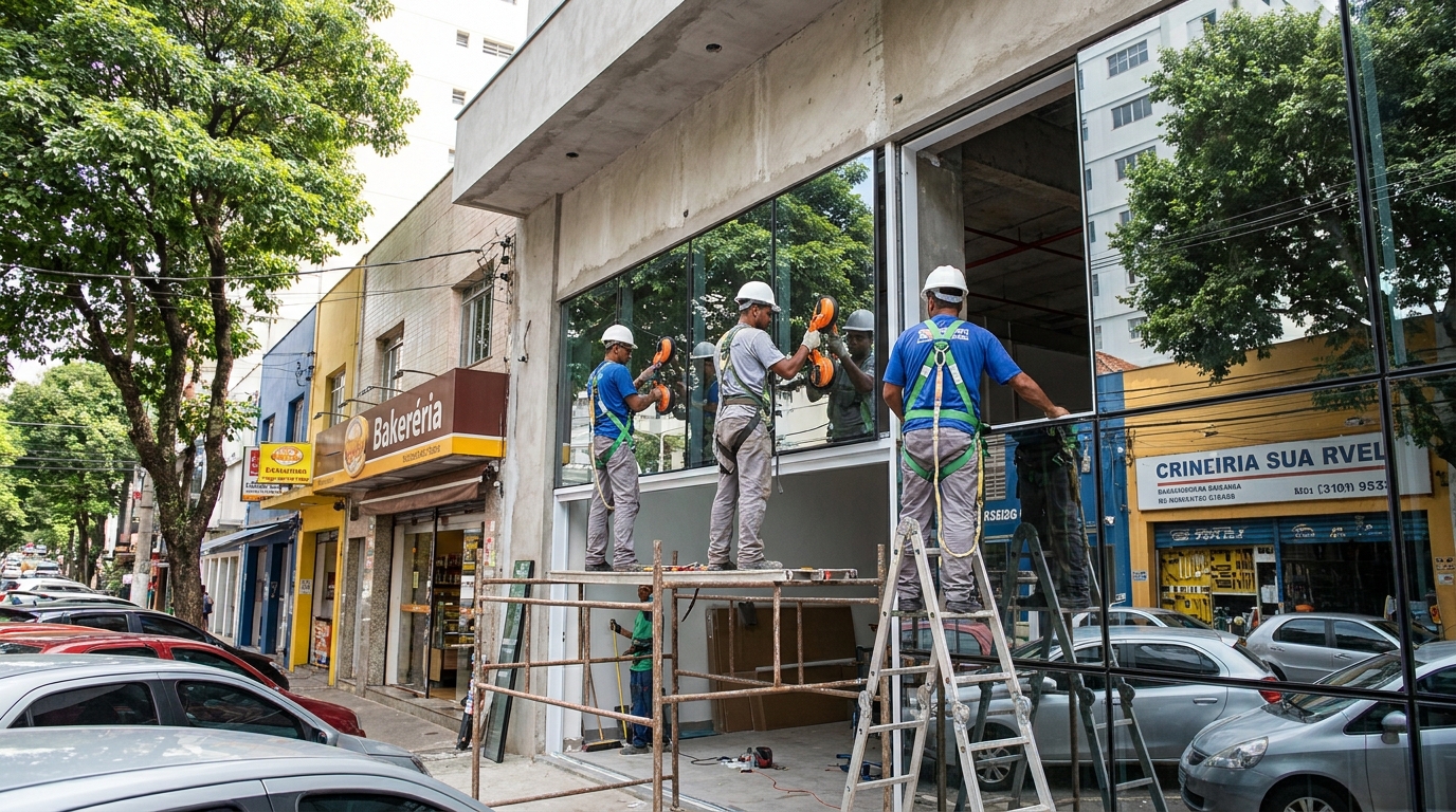 Fachada de vidro com confeitaria vizinha em Rio Branco-AC