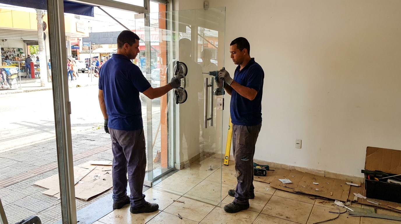 Porta de vidro de loja em rua movimentada em Rio Branco-AC