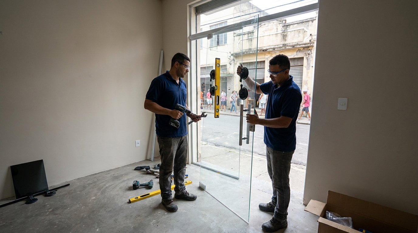 Porta de vidro com vista urbana em Rio Branco-AC